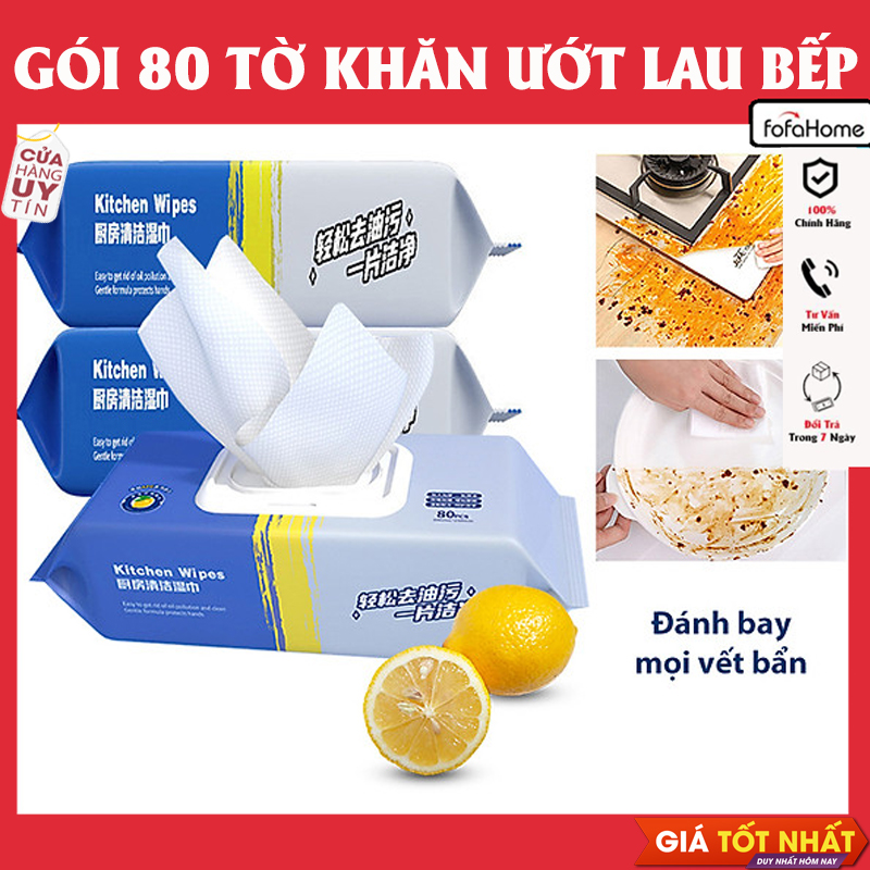 Giấy Ướt Lau Bếp Siêu Sạch Gói 80 Tờ To Chứa Vitamin E Không Độc Hại Không Kích Ứng Da Giúp Loại Bỏ Dầu Mỡ, Khăn Ướt Đa Năng Siêu Dai