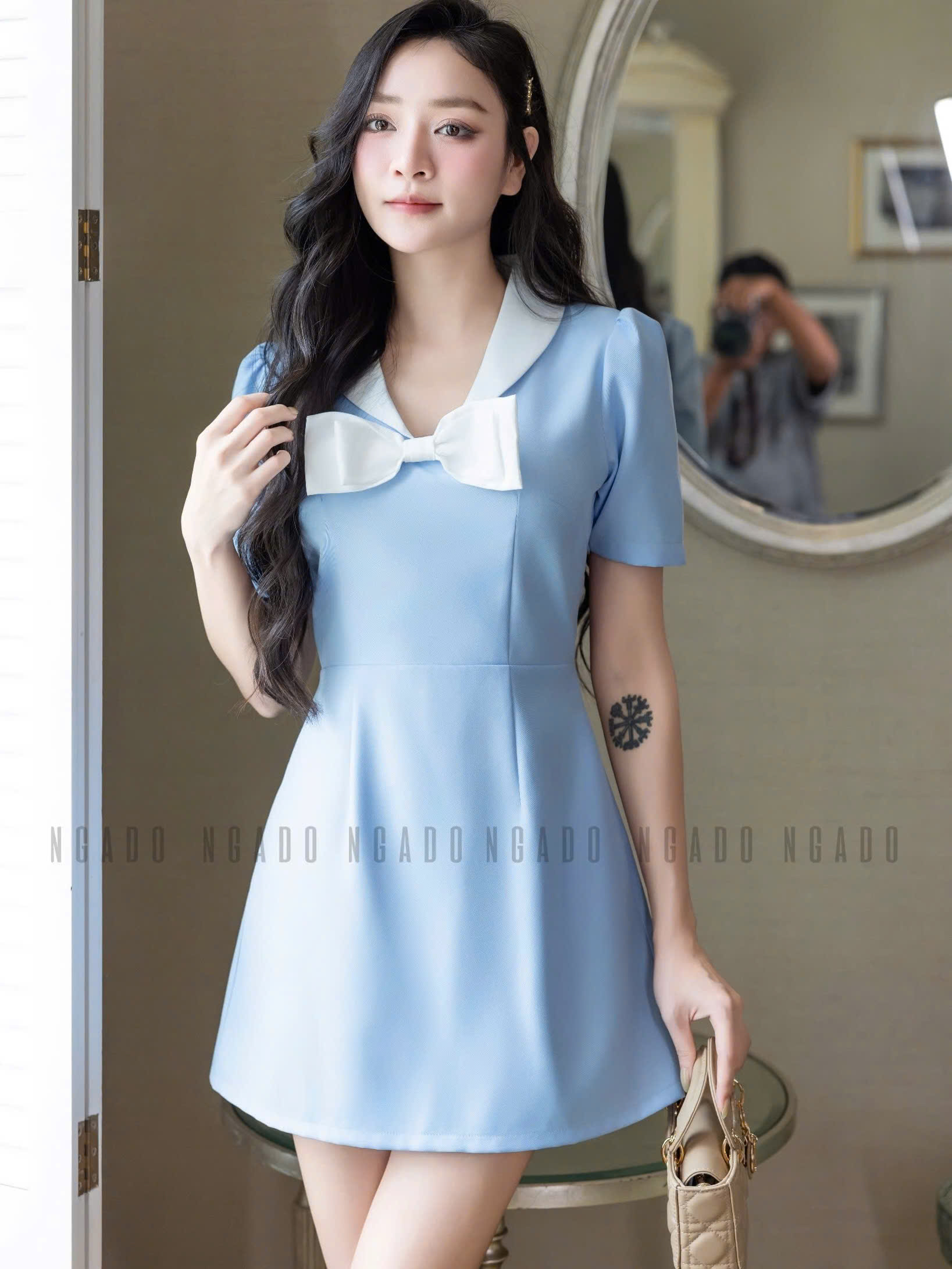 Đầm xanh cổ trắng đính nơ NGADO , đầm dự tiệc, đầm dạo phố