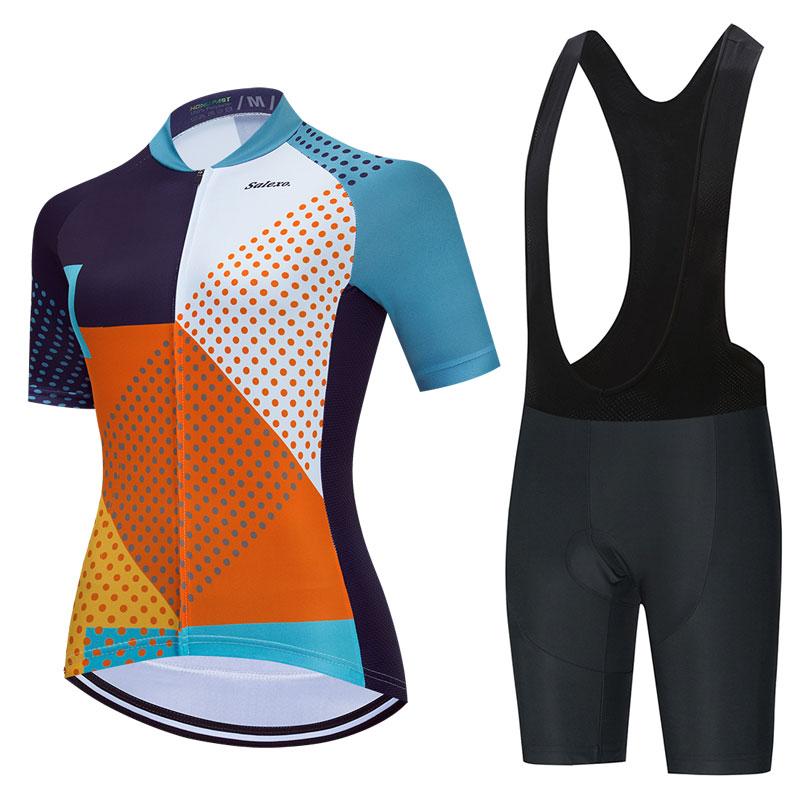 2023 Salexo Nữ Đi Xe Đạp Áo Bộ Ngắn Tay Mùa Hè Maillot 19D Yếm Quần Short Xe Đạp Quần Áo Thể Thao MTB Đi Xe Đạp Quần Áo Color: Short sleeve suit 8 Size: S