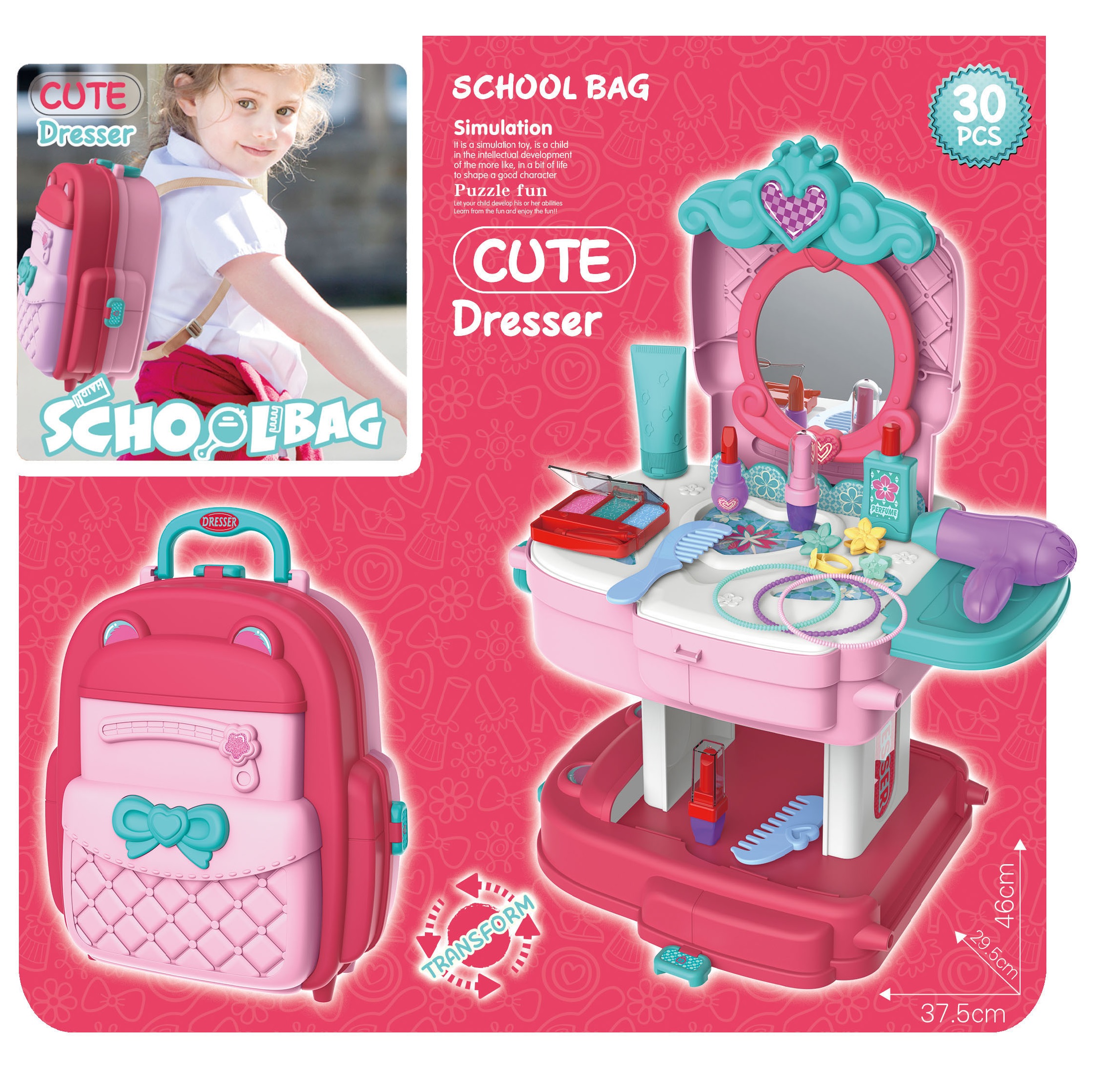 Đồ Chơi Trang Điểm Cho Bé Gái 30 Chi tiết Có Thể Xếp Lại Dễ Dàng Thành Balo - Cute Dresser School Bag Bowa 8255P