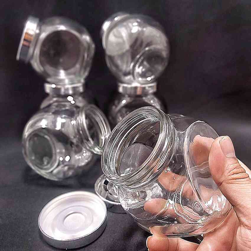 Hũ đựng gia vị đẹp 380ml mẫu Tròn Dẹt kiểu Nghiêng 2 đáy - Nắp nhựa màu bạc - Hũ thủy tinh đựng mứt kẹo, mật ong, sữa ong chúa, thực phẩm, mỹ phẩm
