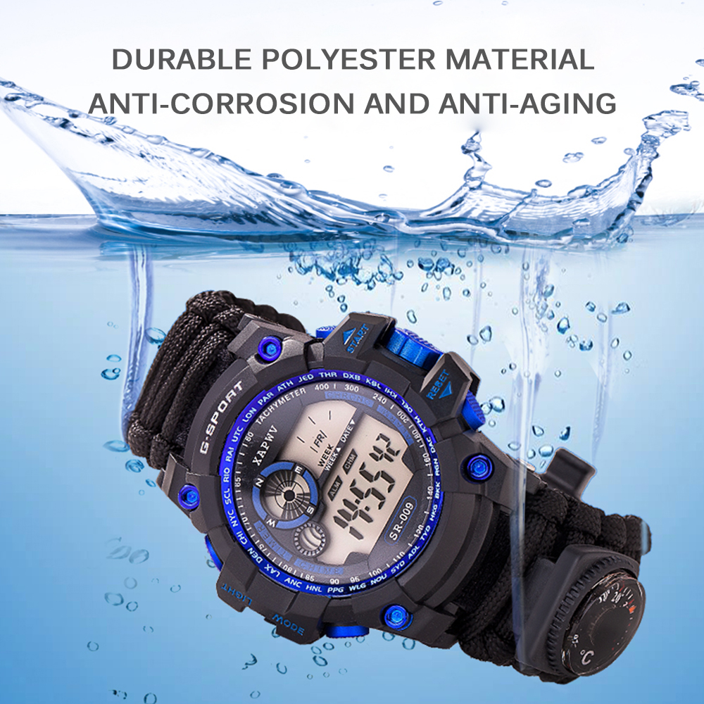 Đồng Hồ Thể Thao Kỹ Thuật Số Chống Thấm Nước Sinh Tồn Khẩn Cấp Với Paracord/Còi/Đánh Lửa