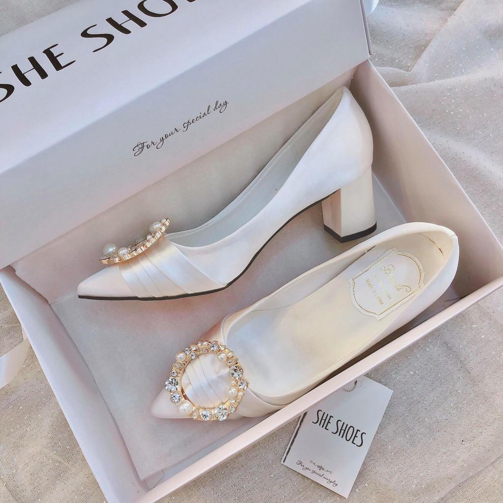 Giày cưới đẹp ️Freeship️ Giày gót vuông 5p cô dâu cao cấp (TẶNG KÈM 2 CẶP LÓT) ĐỘC QUYỀN SHE SHOES