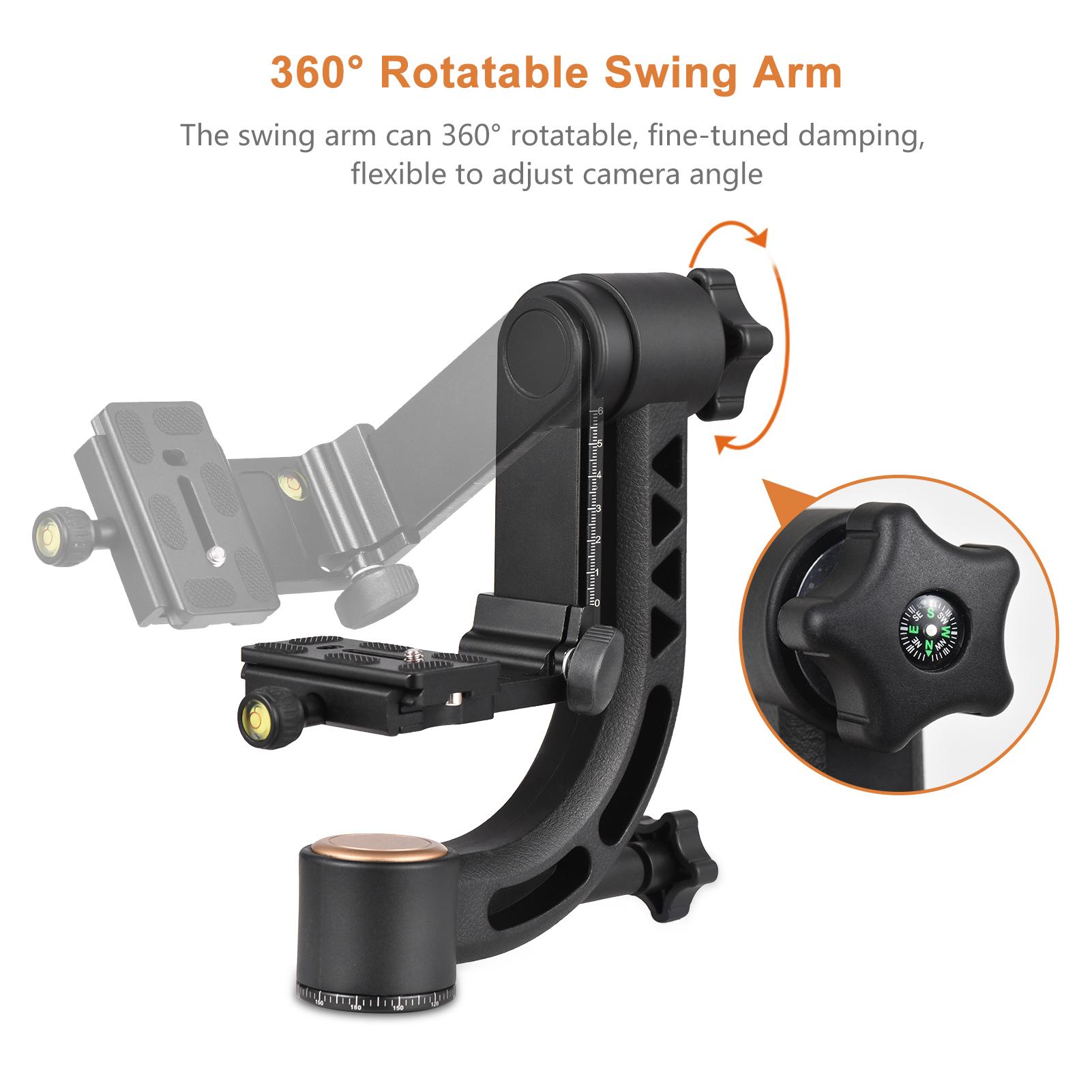 Heavy Duty 360° Panoramic Gimbal Tripod Head Aluminum Alloy 15kg/33lbs Load Capacity with 1/4 Inch Screw Quick Release Plate Bubble Level for DSLR Cameras