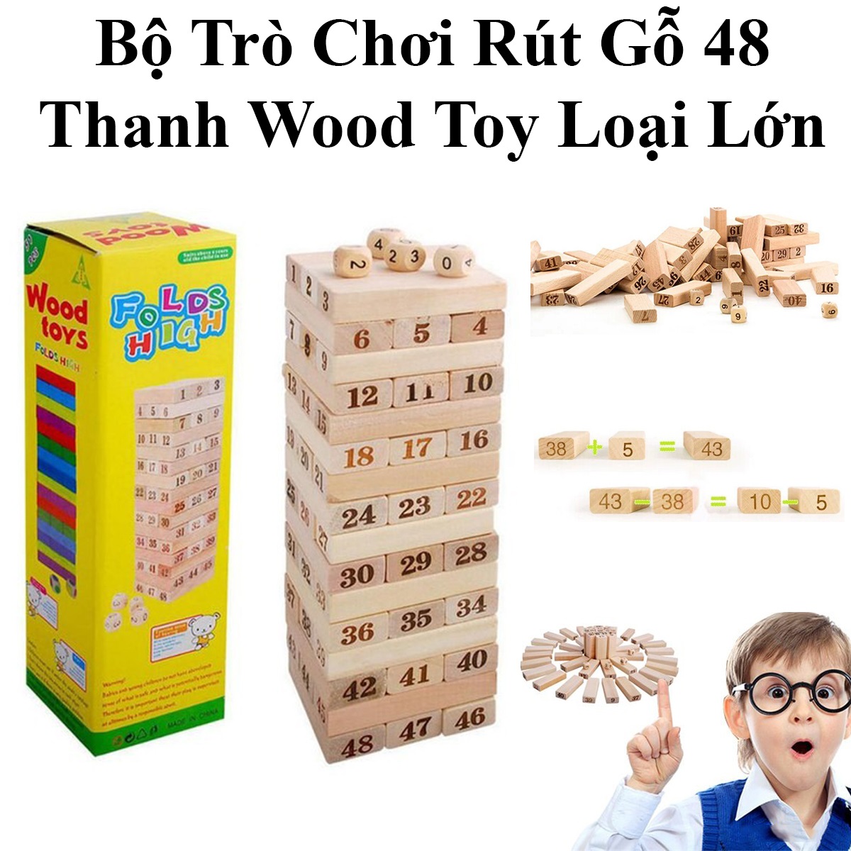 Bộ Trò Chơi Rút Gỗ 48 Thanh Wood Toy Loại Lớn (Hộp Vàng)