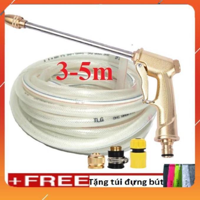 Bộ dây vòi xịt nước rửa xe,tưới cây, tăng áp 3 lần,loại 3m,5m 206701-3 đầu đồng,cút,nối đồng+ túi đựng bút