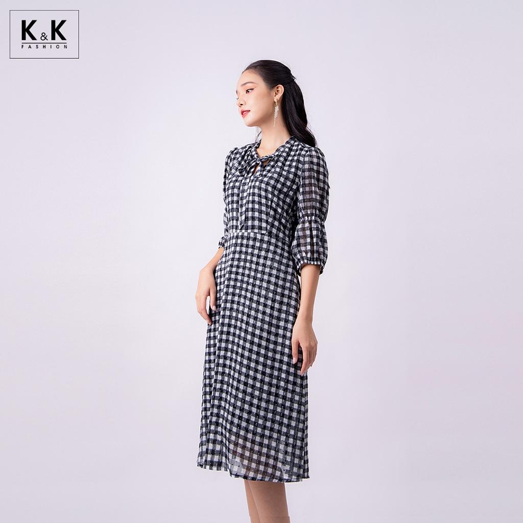 Đầm Xòe Tay Lỡ Họa Tiết Caro K&amp;K Fashion KK118-36 Chất Liệu Voan Crepe