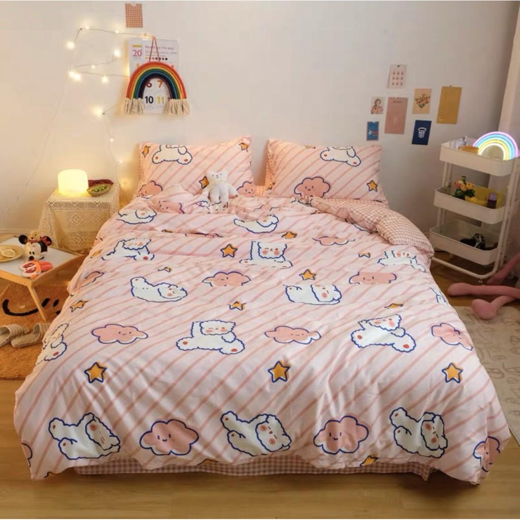 Bộ vỏ chăn ga gối Cotton Poly M2T bedding gấu hồng phối sọc, vỏ chăn mền, drap giường và 2 vỏ gối