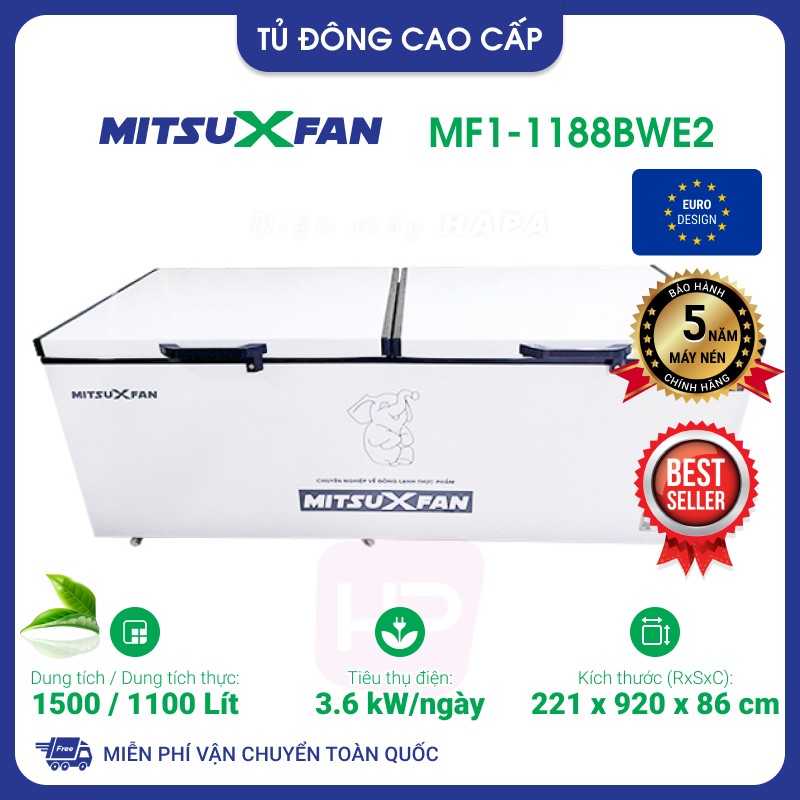 [MIỄN PHÍ VẬN CHUYỂN] Tủ Đông Cao Cấp Mitsuxfan MF1-1188BWE2 - EURO DESIGN, 6 trong 1, Thân tủ dày, 1500 Lít/ 1100 Lít, Kháng khuẩn phân tử bạc, Inverter tiết kiệm điện chỉ 3.6 KW/ngày - Giao toàn quốc, Hàng Chính Hãng