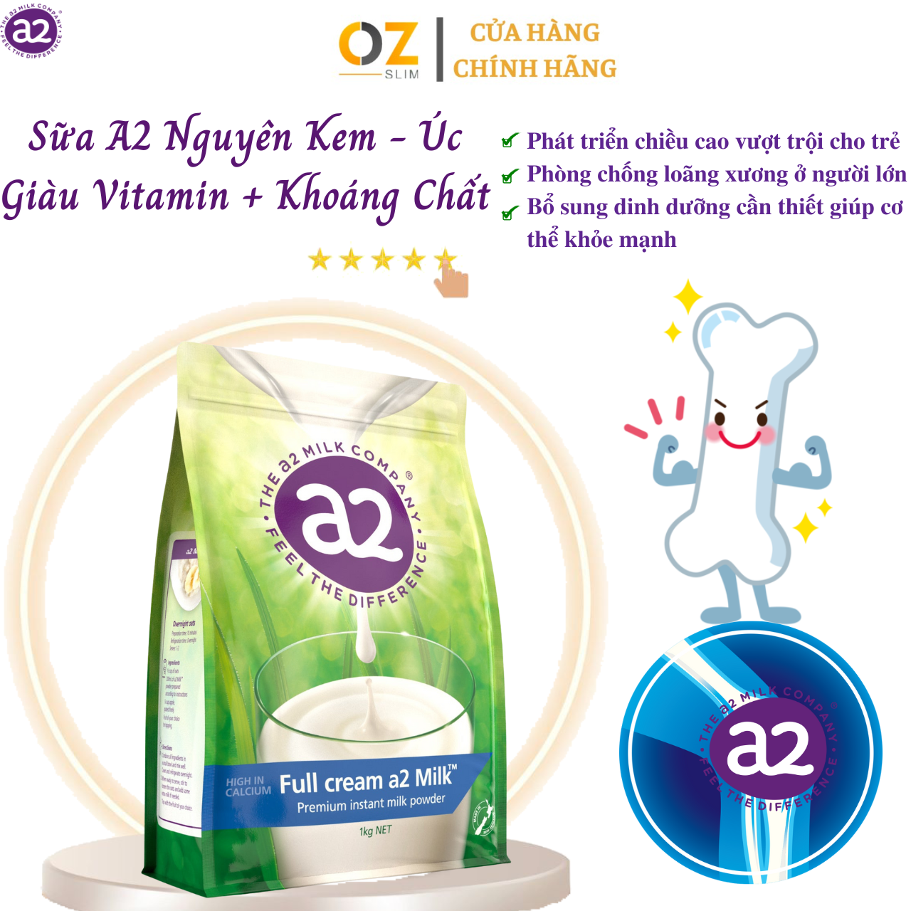 Sữa tăng chiều cao A2 nguyên kem full cream high in calcium phát triển xương, răng ở trẻ, chống loãng xương ở người lớn, tăng sức khỏe - OZ Slim Store