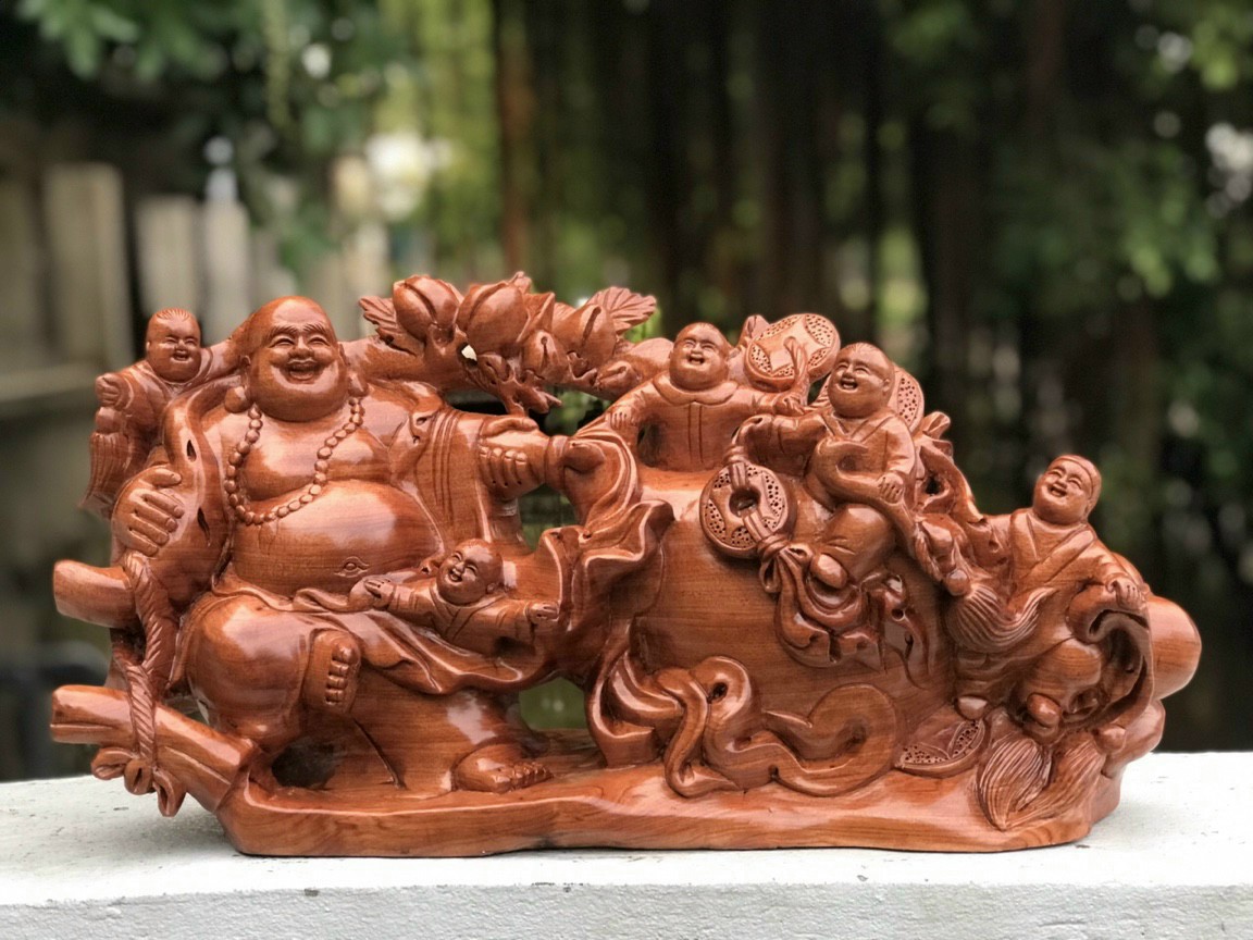Tượng phật di lặc ngũ phúc kéo bao tiền bằng gỗ hương đá kt 50×23×12cm