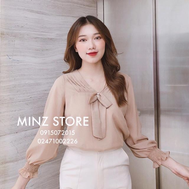 Sơ mi be cổ nơ tay bo chun dài tay