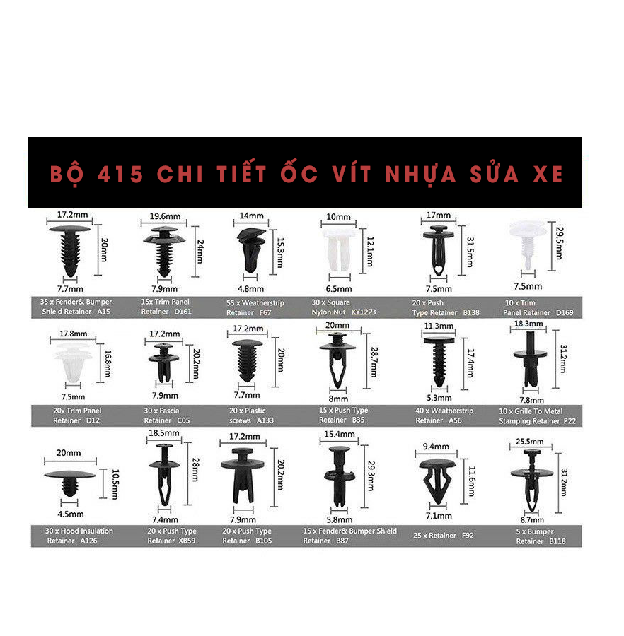 Bộ Đinh Tán, Chốt Vít, Nở Vít Nhựa Dành Cho Xe Ô Tô