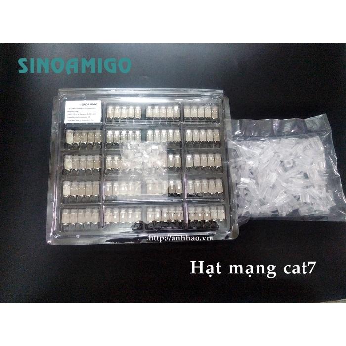 Đầu bấm mạng cat6A/ Cat7 kèm đầu chụp màu trong suốt chính hãng Sinoamigo nhập khẩu (hộp 100 hạt)