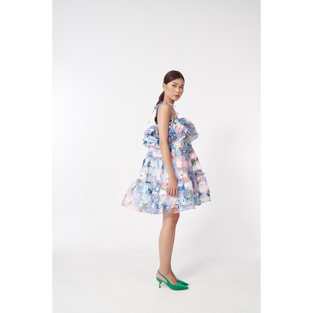 DOTTIE - Đầm hoa vải ogranza nhún bèo ngực nữ xanh biển D0371
