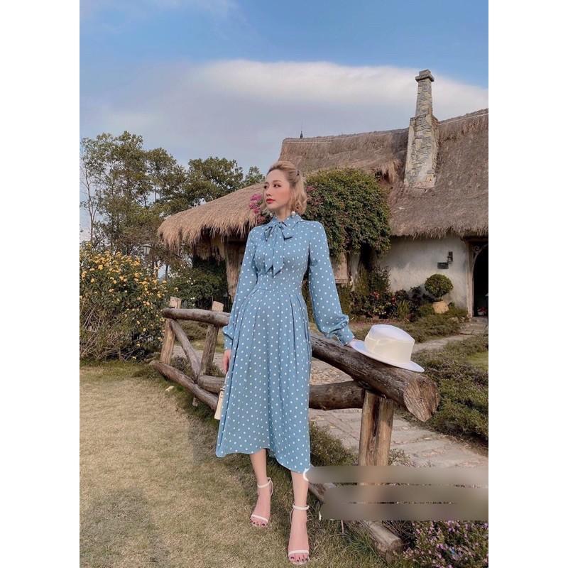 Váy đầm maxi chấm bi cổ sơ mi phối nơ vintage uzzlang