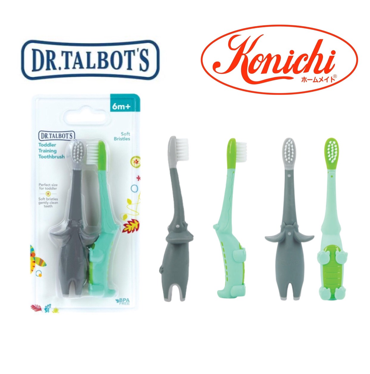 [ 18061- Dr Talbot's ] Bộ 2 bàn chải đánh răng hình con voi và hình con cá sấu cho trẻ từ 6 tháng tuổi trở lên