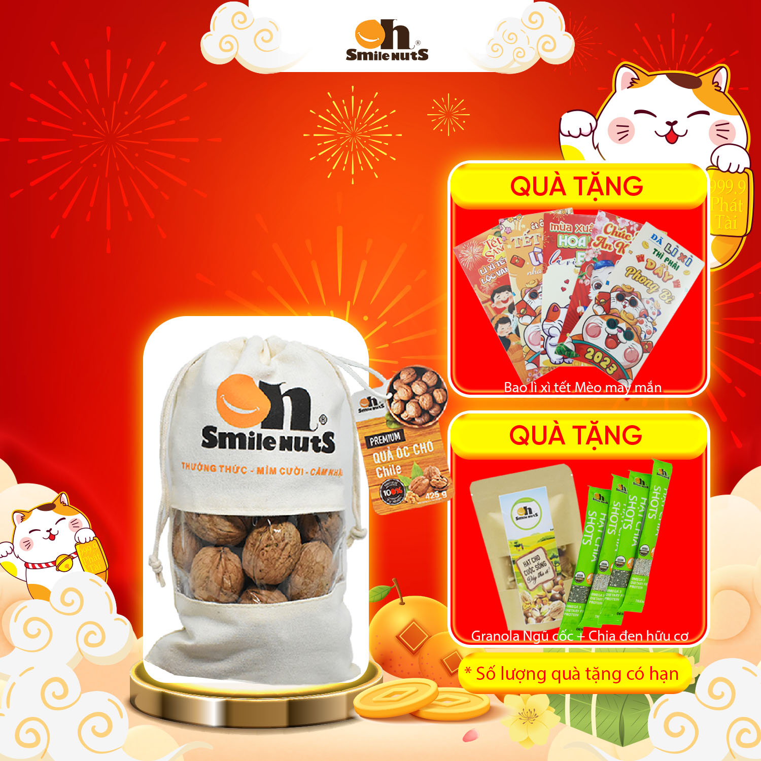 Quả Óc Chó Smile Nuts túi canvas 425g - Kèm dụng cụ tách vỏ (Óc chó nhập khẩu từ Chile, vỏ mỏng, thịt dày)