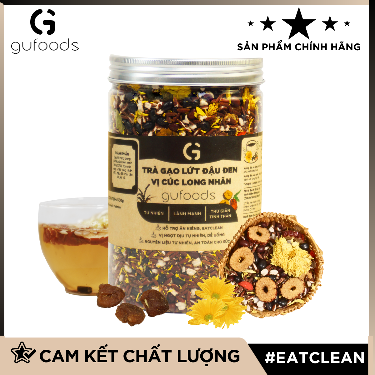 Trà gạo lứt đậu đen vị Cúc Long nhãn GUfoods (hũ 500g) - Tinh thần thoải mái - Tự nhiên - Lành mạnh