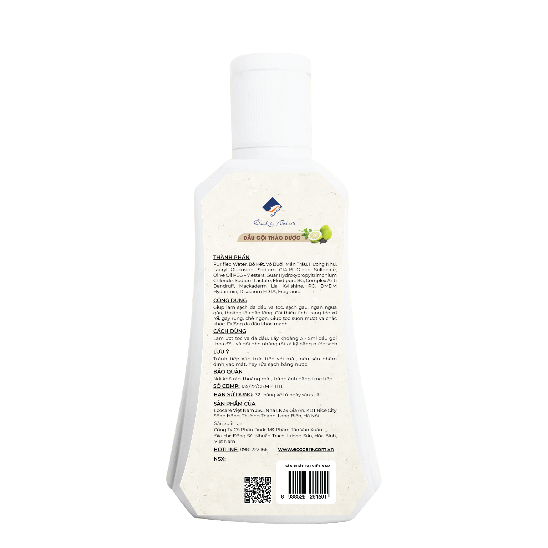 Dầu gội thảo dược ECOCARE 300ml đạt chuẩn CGMP, dầu gội xả thảo mộc giúp sạch gàu, giảm rụng tóc