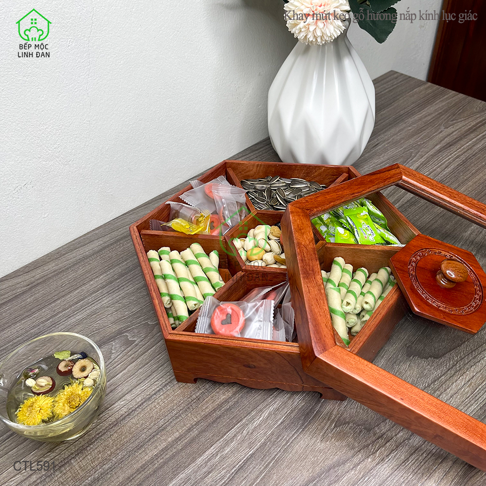 Khay gỗ Hương đựng bánh kẹo, mứt tết - Nắp kính hình lục giác, mẫu mới nhất - CTL591