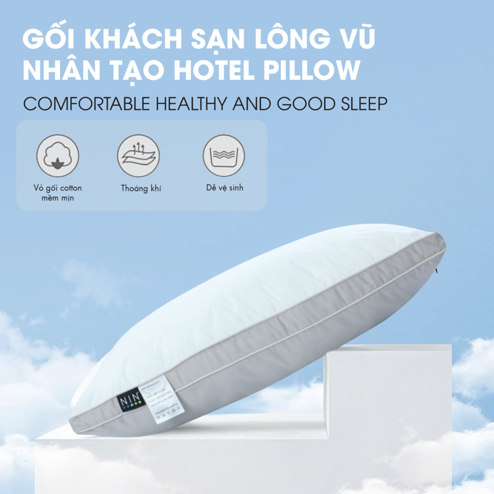 Gối khách sạn 5 sao, ruột gối đầu lông vũ nhân tạo microfiber Hotel Pillow NIN House 48x74cm cao cấp