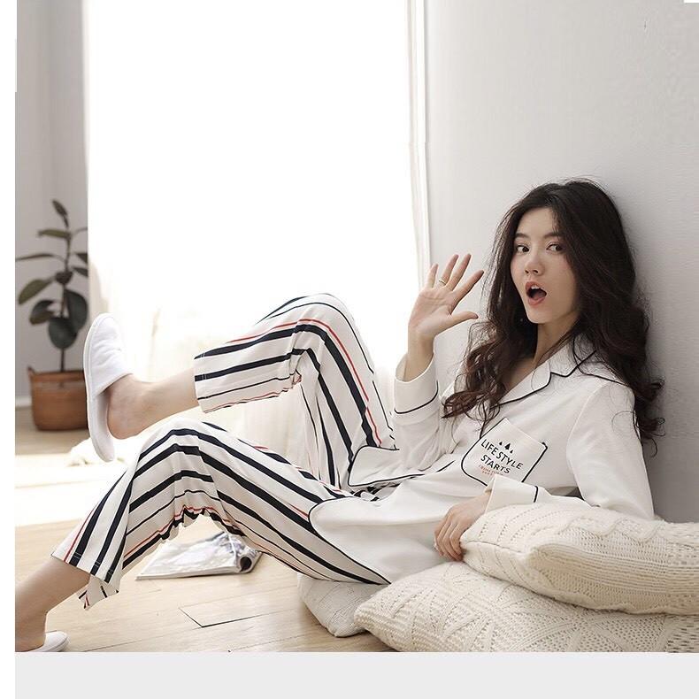 Bộ pyjama nữ vải thun cotton áo trắng Life style họa tiết kẻ sọc