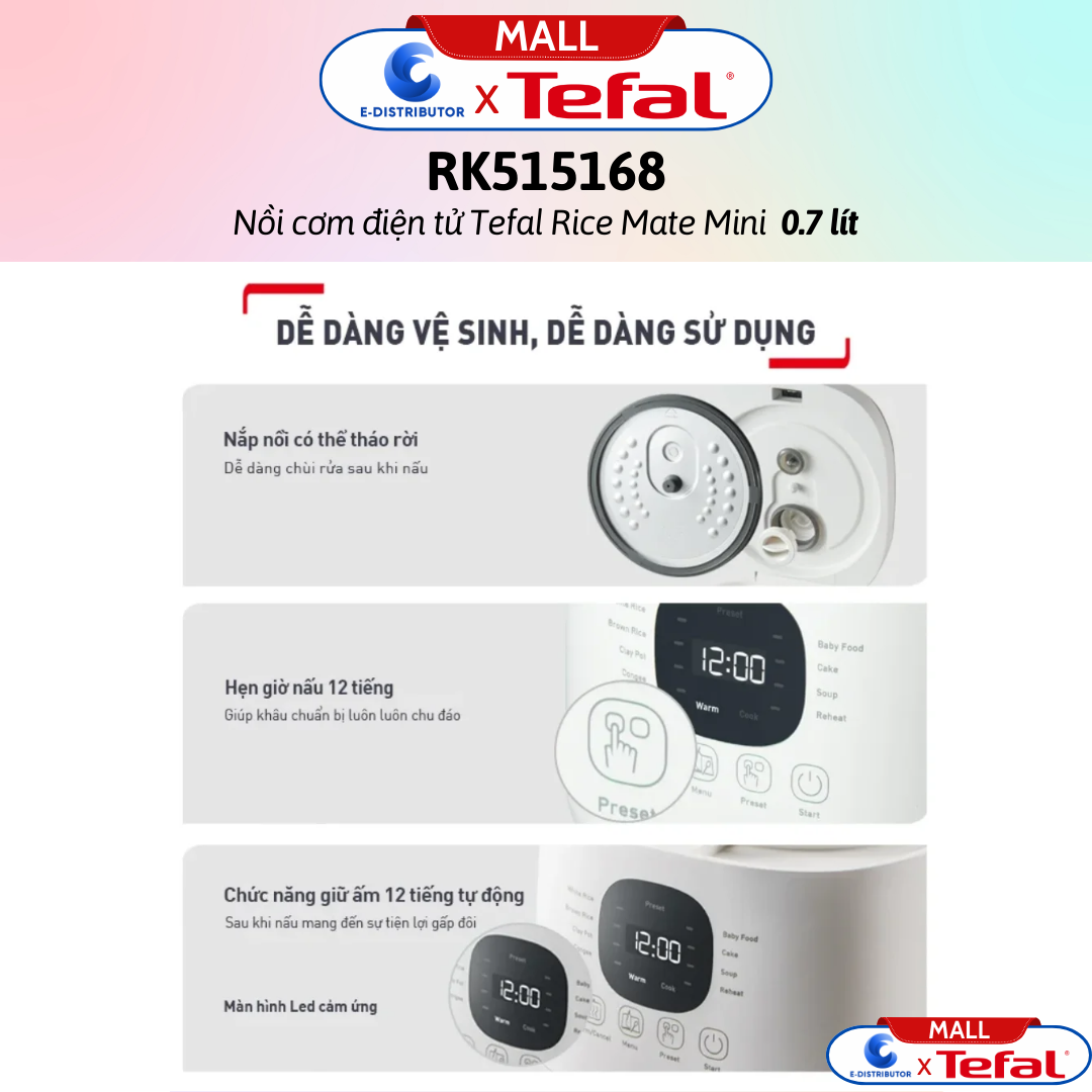 Nồi cơm điện tử Tefal Rice Mate Mini 0.7 lít RK515168 - Hàng Chính Hãng - Bảo Hành 12 Tháng - Dung tích: 0.7 lít Công suất:350W
