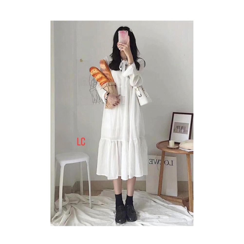 Đầm midi buộc nơ 3 tầng nữ - Váy tay dài viền bèo thiết kế nhẹ nhàng bánh bèo tiểu thư SIÊU HOT ! *