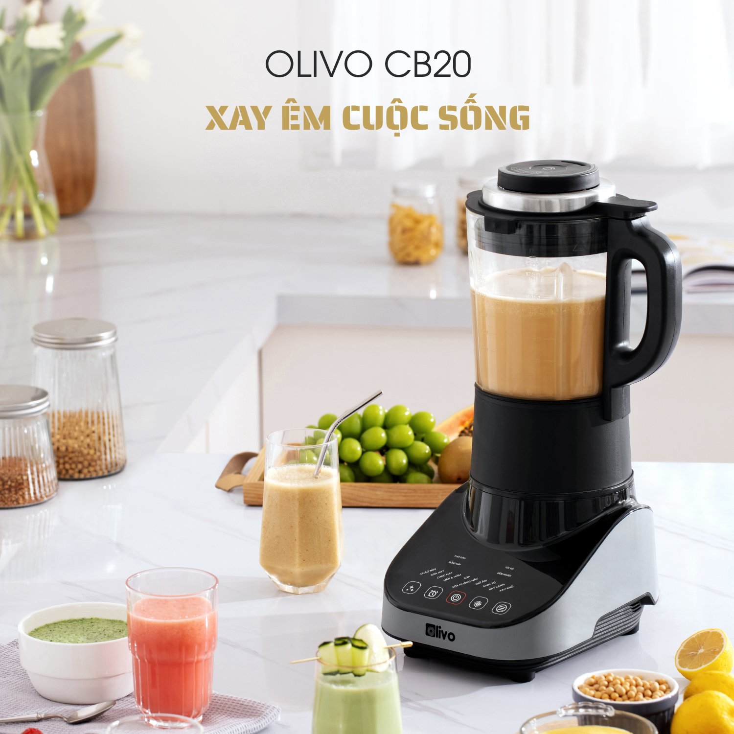 Máy Xay Nấu Đa Năng OLIVO CB20 - Độ Ồn Thấp Nhất - Chống Trào Tuyệt Đối - Vệ Sinh Khử Khuẩn - Chống Dính Gốm - Hàng Chính Hãng