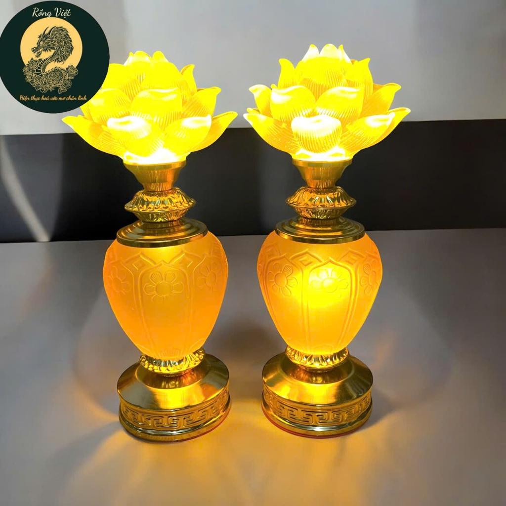 [MẪU MỚI] Cặp đèn thờ hoa sen bình ngọc RỒNG VIỆT, đèn thờ dáng bình hoa cao cấp đặt ban thần tài