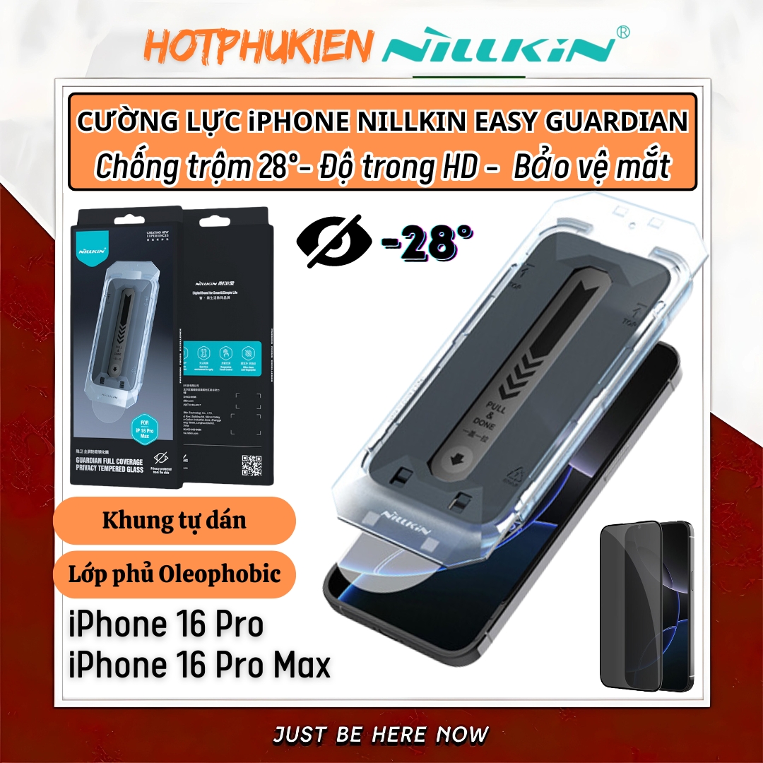 Cường lực chống nhìn trộm Full viền kèm khung cho iPhone 16 Pro Max / 16 Pro hiệu Nillkin Guardian Phủ Nano, vát cạnh 2.5D, lớp Olephobic - Hàng nhập khẩu