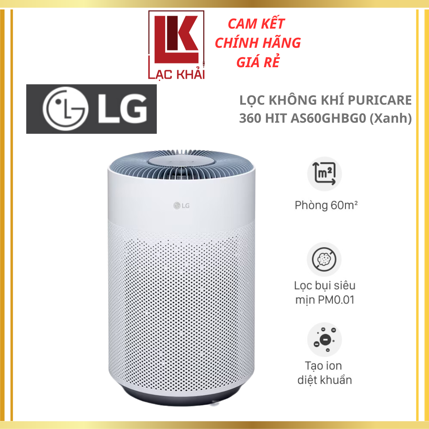 Máy lọc không khí LG Puricare 360 Hit AS60GHBG0, màu Xanh, lọc bụi mịn PM0.01, kháng khuẩn 99.9%, - Hàng chính hãng - Bảo hành 12 tháng chính hãng