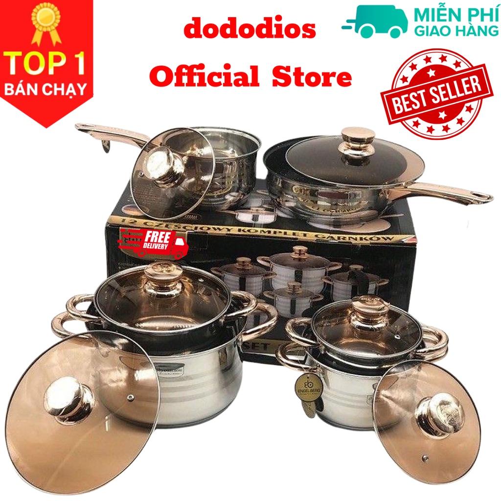 Bộ nồi Đức dododios 6 món 12 chi tiết dùng cho mọi loại bếp, bộ nồi inox dày dặn tráng men vàng kèm nắp kính