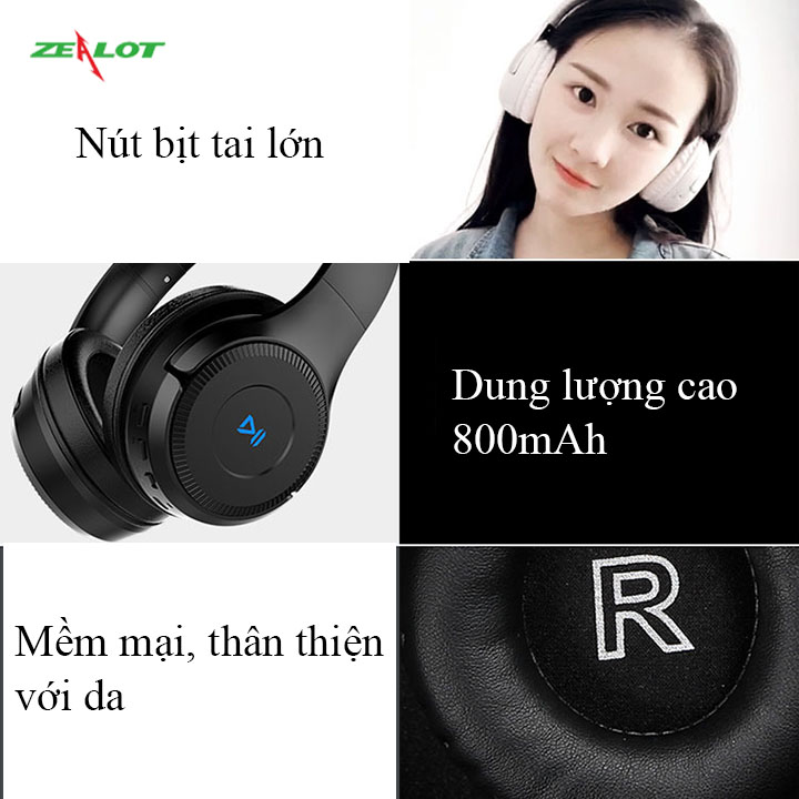 Tai nghe chụp tai Zealot kết nối bluetooth không dây với điện thoại máy tính nghe nhạc xem phim chơi game headphone có cảm ứng cực chất hàng chính hãng