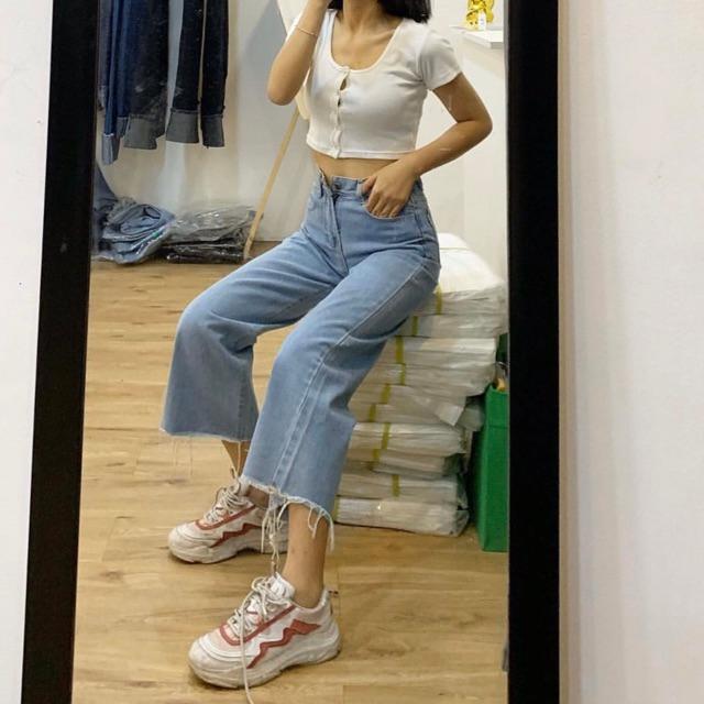 Quần Jeans Lưng Cao Qua Rốn BigSize / Quần Suông Ống Rộng Lửng 9 Tấc Không Giãn - Trơn