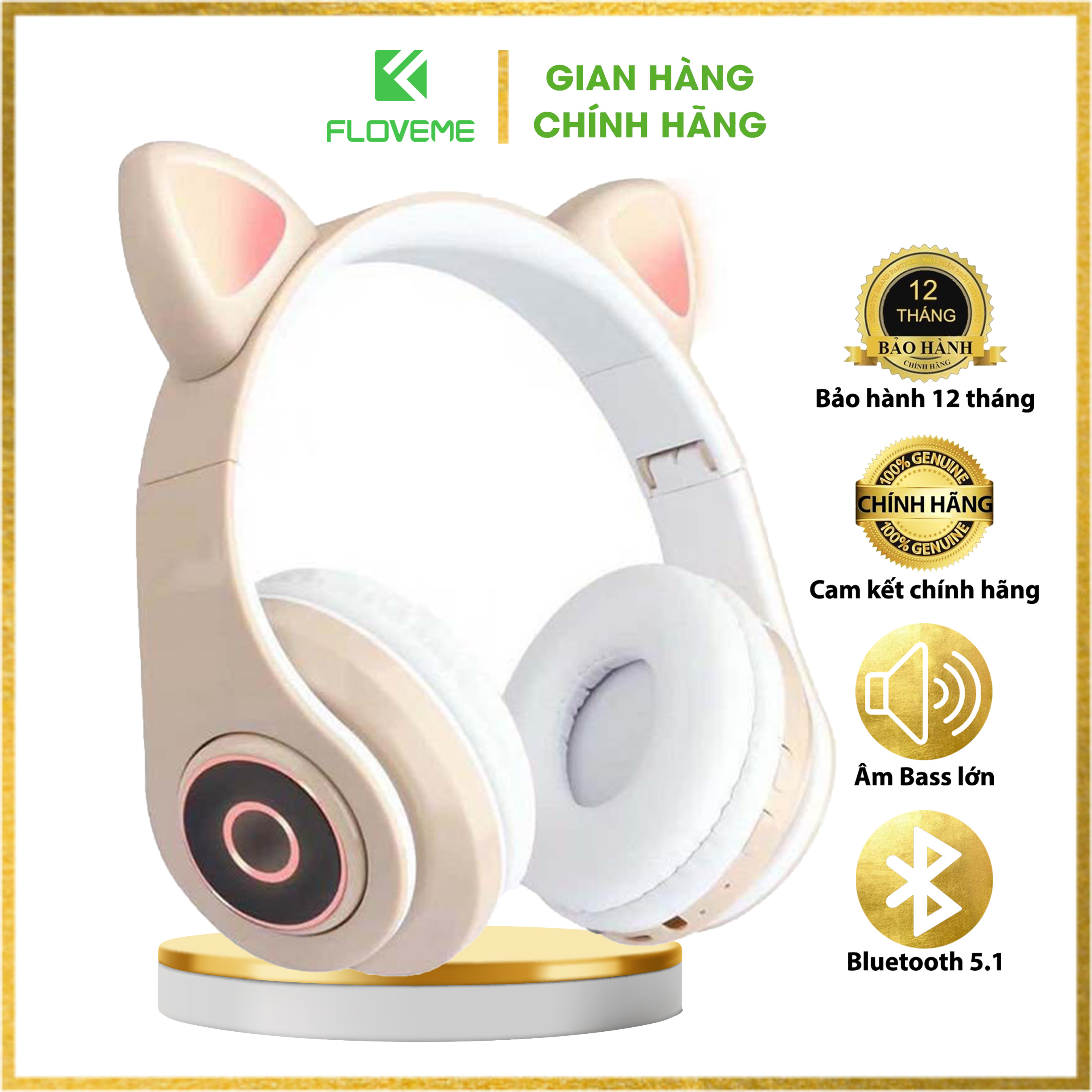 Tai nghe Bluetooth FLOVEME B39 tai mèo đáng yêu có mic đàm thoại cao cấp, có đèn phát sáng cute tai nghe thời trang - Hàng chính hãng