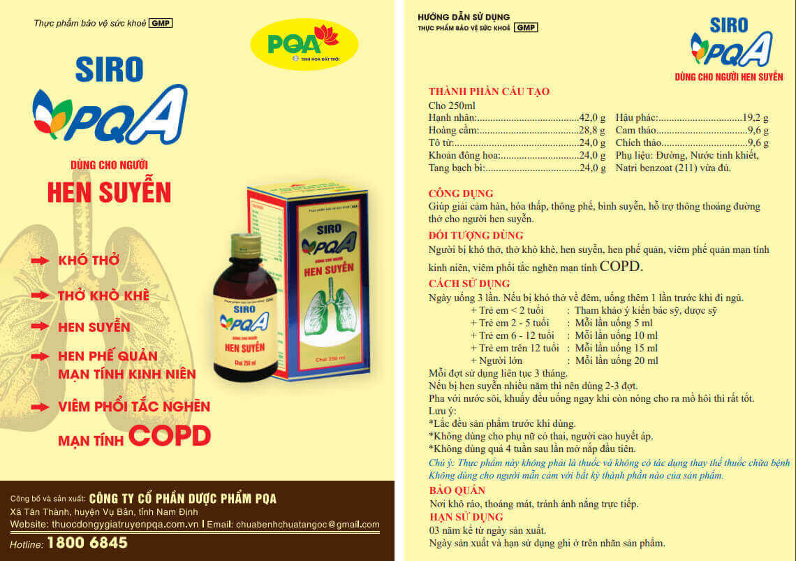 Siro Hen Suyễn PQA Giúp Giải Hàn, Hóa Thấp, Thông Phế, Bình Suyễn Và Hỗ Trợ Thông Thoáng Đường Thở Hộp 125ml
