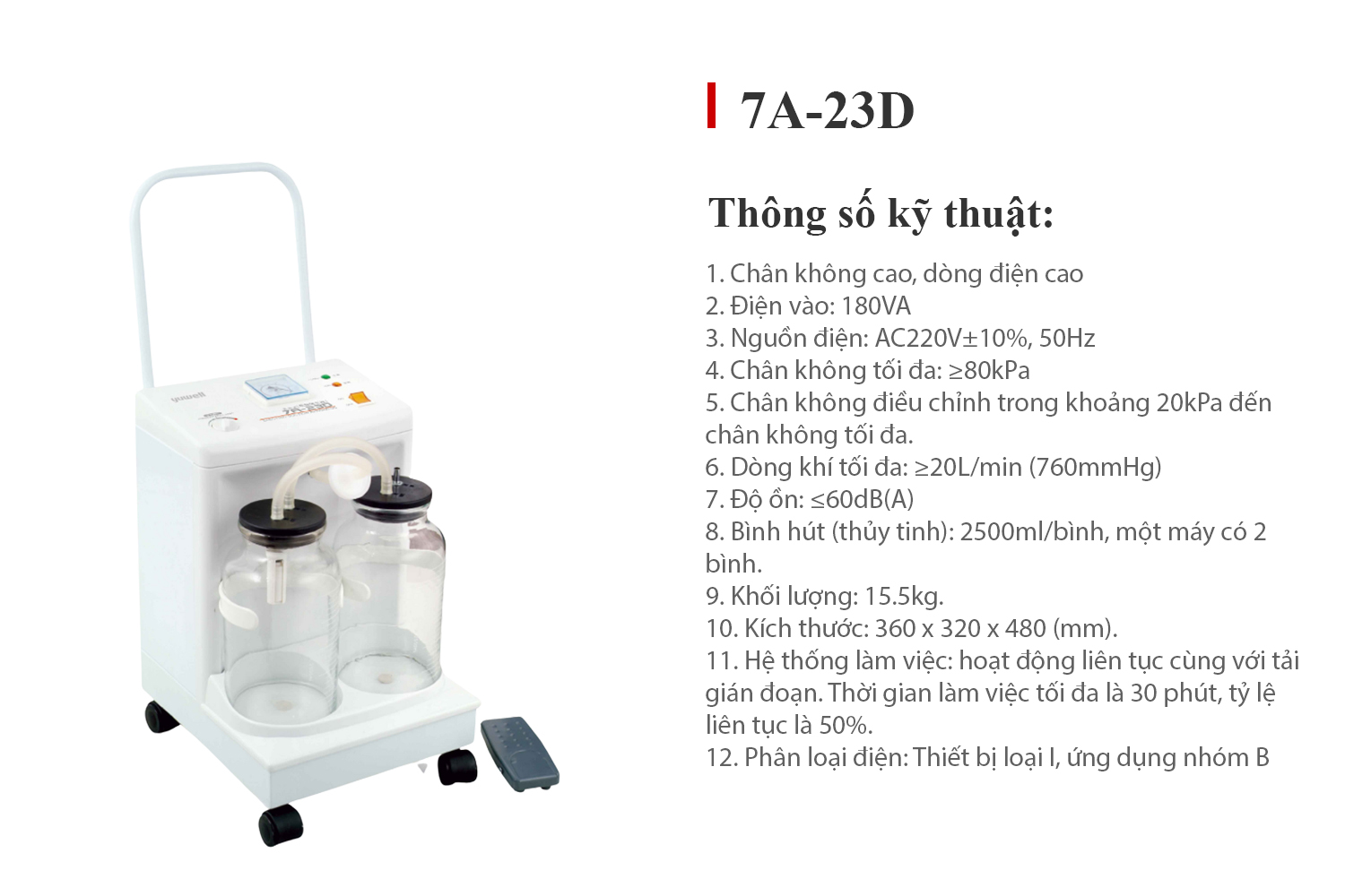 Máy Hút Dịch 2 Bình Yuwell 7A-23D - Thiết bị thường dùng tại các phòng khám Tai-Mũi-Họng, bình chứa lớn, dễ sử dụng - Nhập Khẩu Chính Hãng