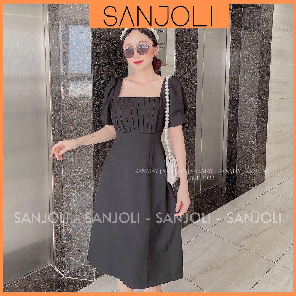 Váy Công Sở Nữ SANJOLI Đầm Dự Tiệc Thiết Kế Cổ Vuông Tay Phồng Họa Tiết Xếp Ly Phong Cách Hàn Quốc Sang Trọng VD017
