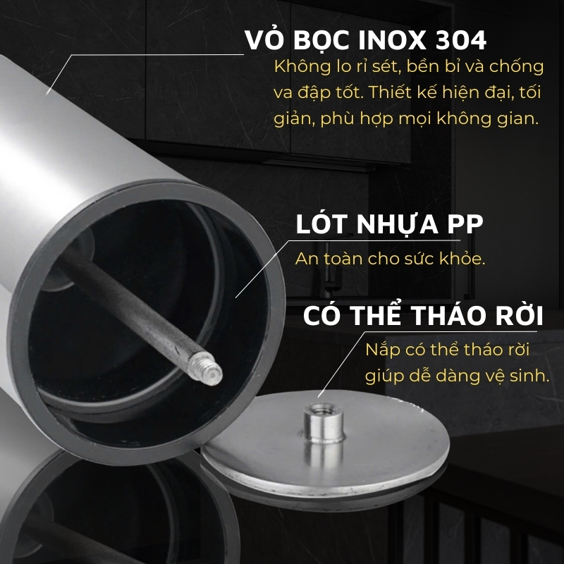 Lọ đựng tăm inox 304 DandiHome nắp bấm đóng mở hoàn toàn kín