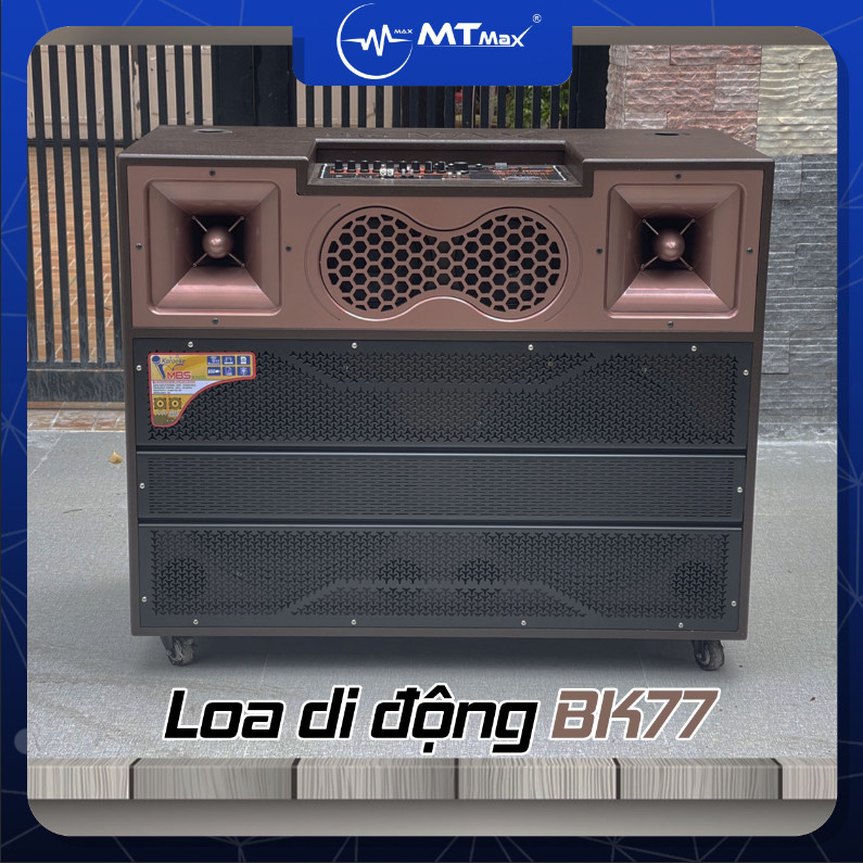 Loa kéo di động MTMax BK77 - Dàn karaoke ngoài trời bass 4 tấc đôi ngang, 2 treble - Loa khủng long công suất cực lớn đến 6000W - Kèm 2 micro không dây UHF - Đầy đủ kết nối Bluetooth, AV, USB, SD card, TWS