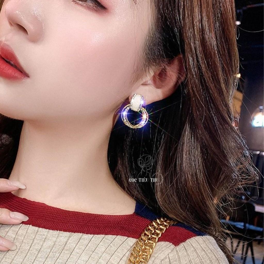 Bông Tai Bạc Mạ Vàng Dáng Tròn Đính Đá Phong Cách Sang Trọng Thanh Lịch Cho Nữ - HT009