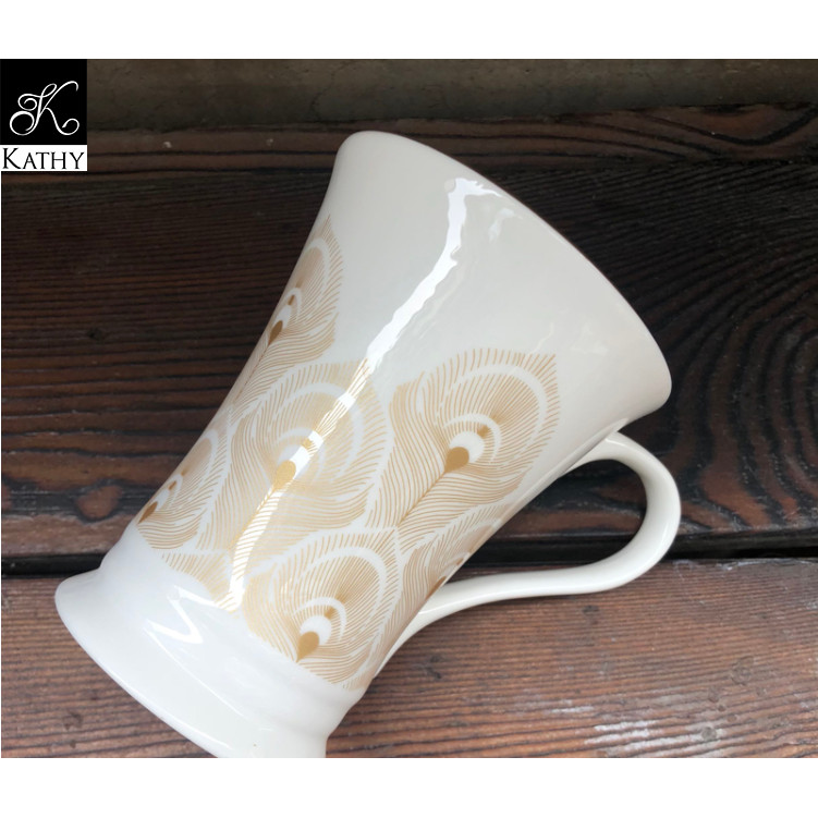 Cốc sứ xương cao cấp miệng loe họa tiết lông công viền vàng phong cách Vintage GOLD ROYAL 5493