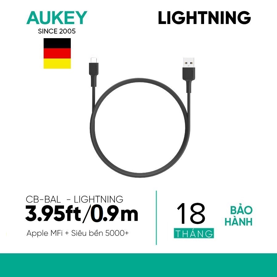 Cáp Sạc Lightning Aukey CB-BAL7 Chuẩn MFi Cho Mọi Thiết Bị Apple - Dài 0,9m - Hàng Chính Hãng