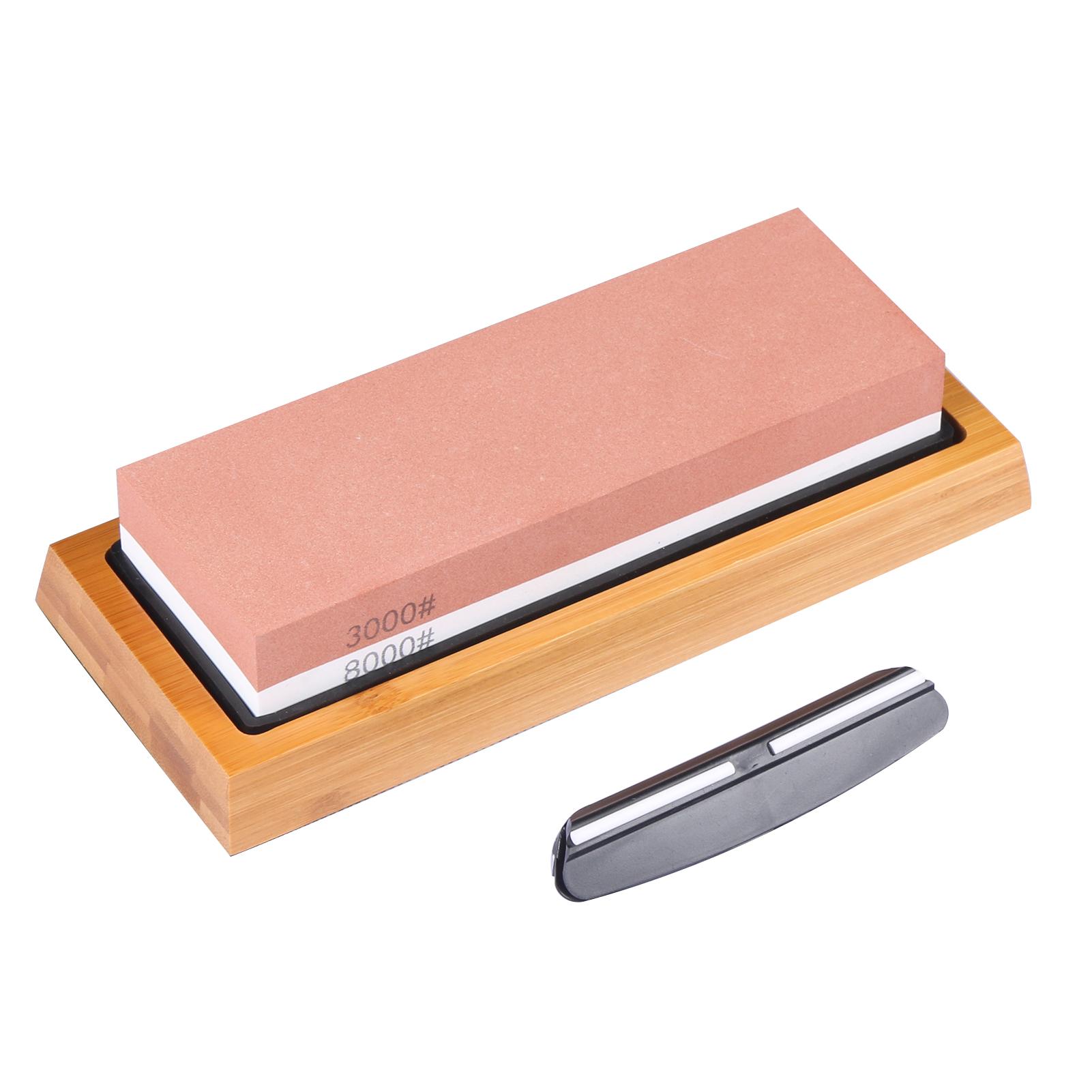 Bộ Đá mài hai mặt Grit White Corundum với giá đỡ silicone, đế tre, bộ điều chỉnh đá trắng và thanh dẫn góc, dụng cụ mài dao chuyên nghiệp