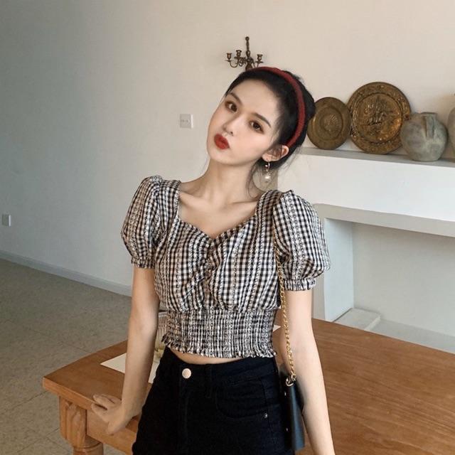 Áo croptop caro tay bồng nữ summer 2020