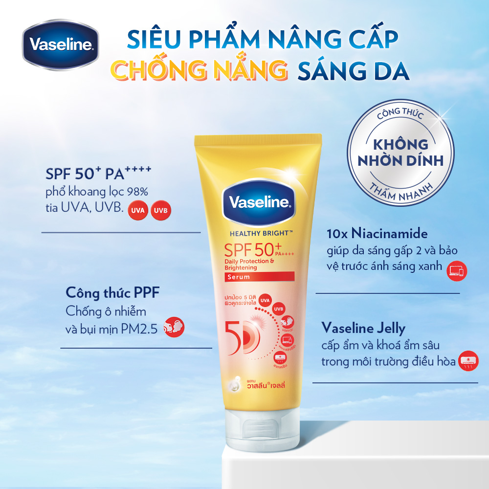 Serum chống nắng cơ thể Vaseline 50x bảo vệ da với SPF 50+ PA++++ giúp da sáng hơn gấp 2X 300ML