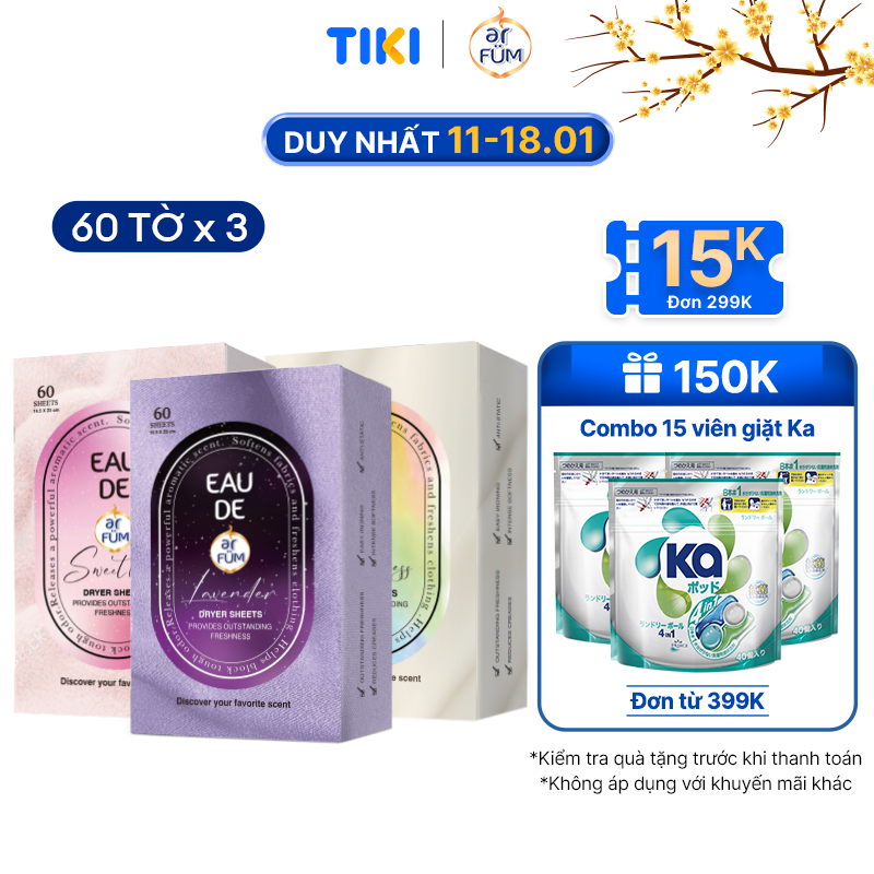 Combo 3 Giấy Thơm Arfum Dùng Cho Máy Sấy Làm Mềm Vải Và Chống Tĩnh Điện , Khử Mùi Tủ Giày, Tủ Quần Áo