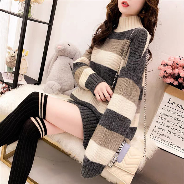 Áo lưn nữ form rộng cổ cao kẻ ngang trẻ trung LAHstore, chất len dày dặn, thời trang thu đông - Kẻ nâu xám